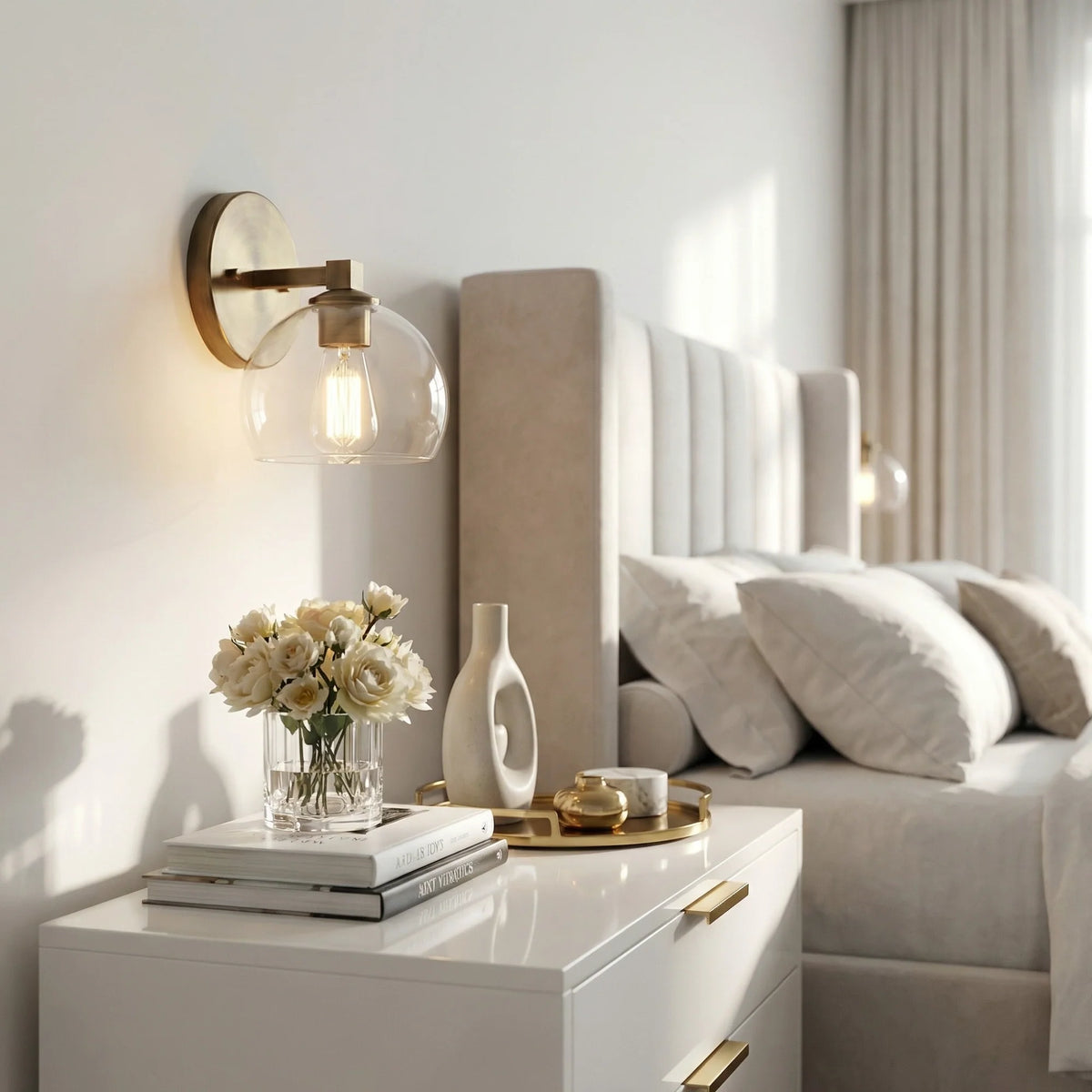 Aplique de pared con globos de cristal Valdina en un baño luminoso – imagen 16