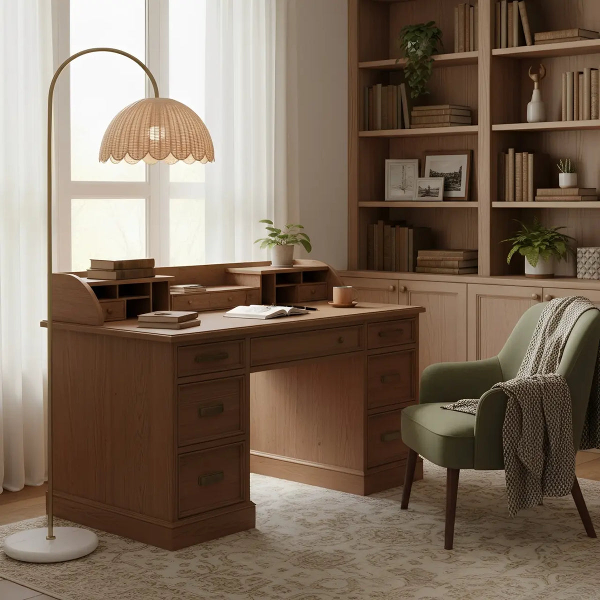 Lámpara de pie arco dorado con pantalla de ratán Fesulia junto a un sofá en el salón – imagen 7