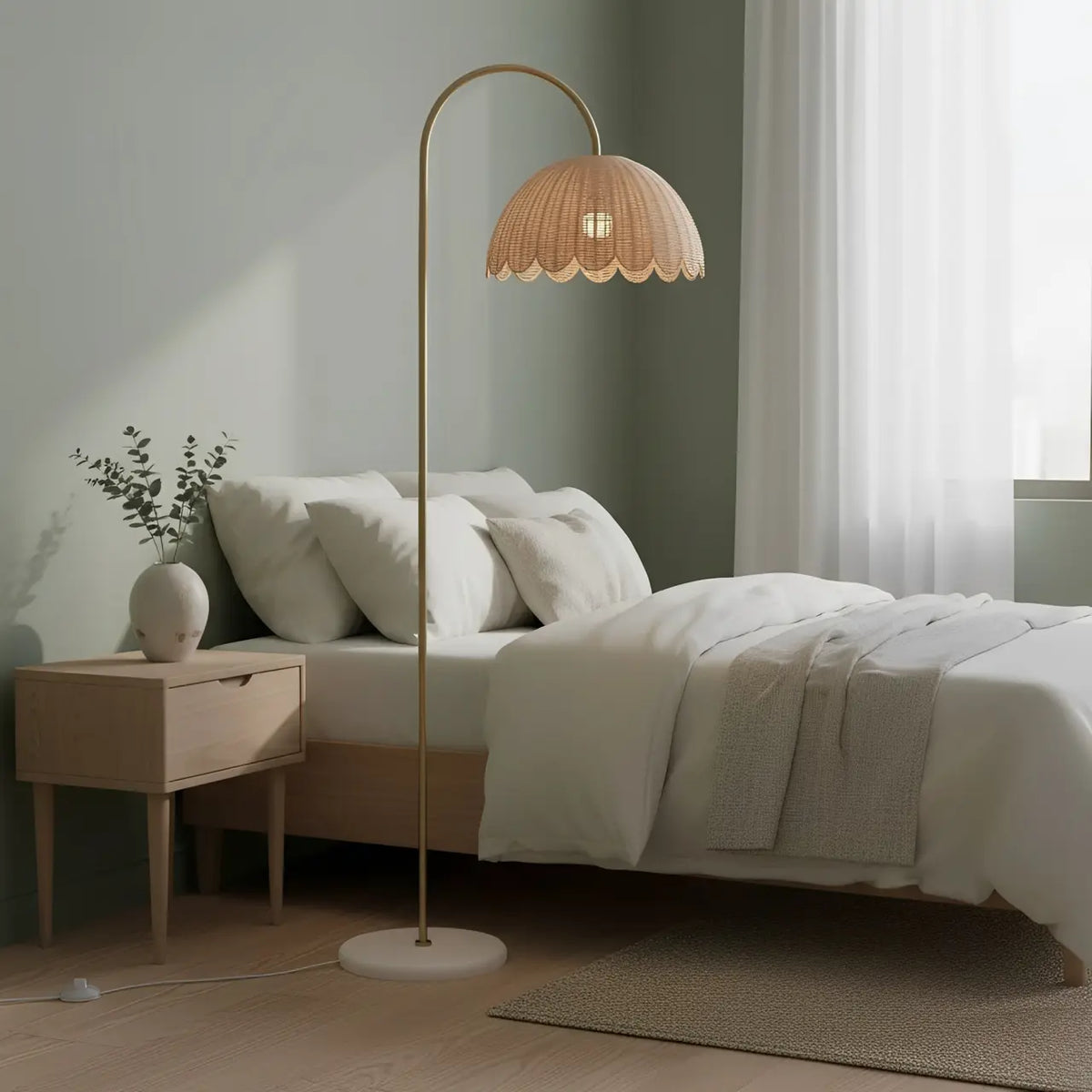 Lámpara de pie arco dorado con pantalla de ratán Fesulia junto a un sofá en el salón – imagen 8