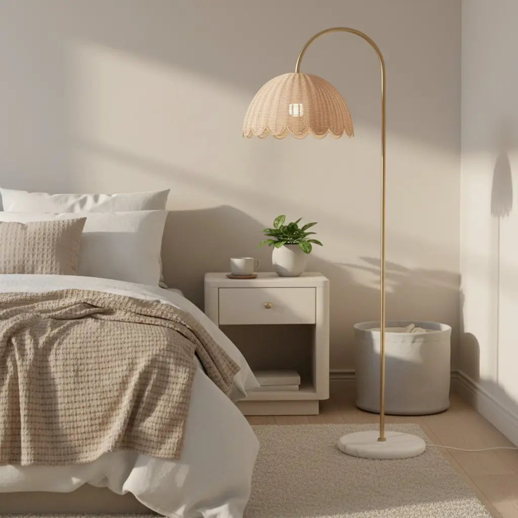 Lámpara de pie arco dorado con pantalla de ratán Fesulia junto a un sofá en el salón – imagen 9