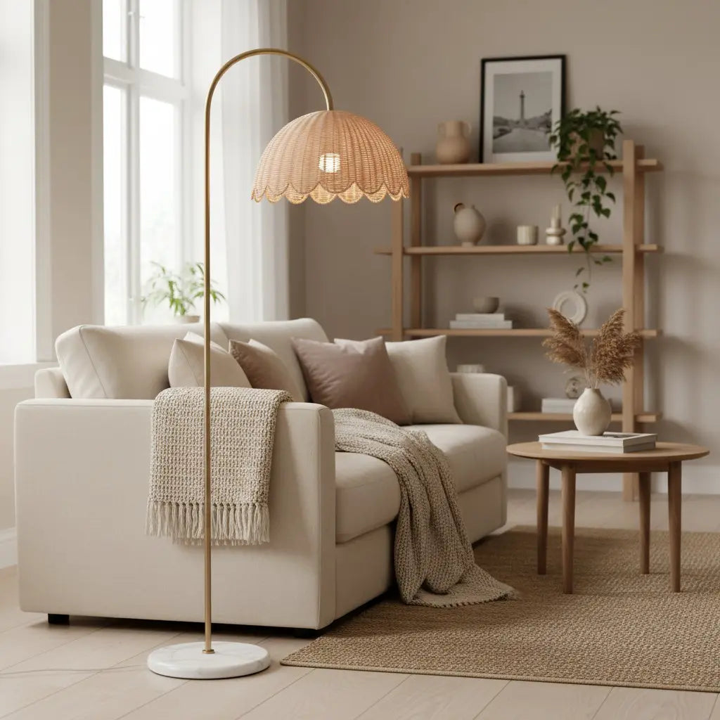 Lámpara de pie arco dorado con pantalla de ratán Fesulia junto a un sofá en el salón – imagen 6