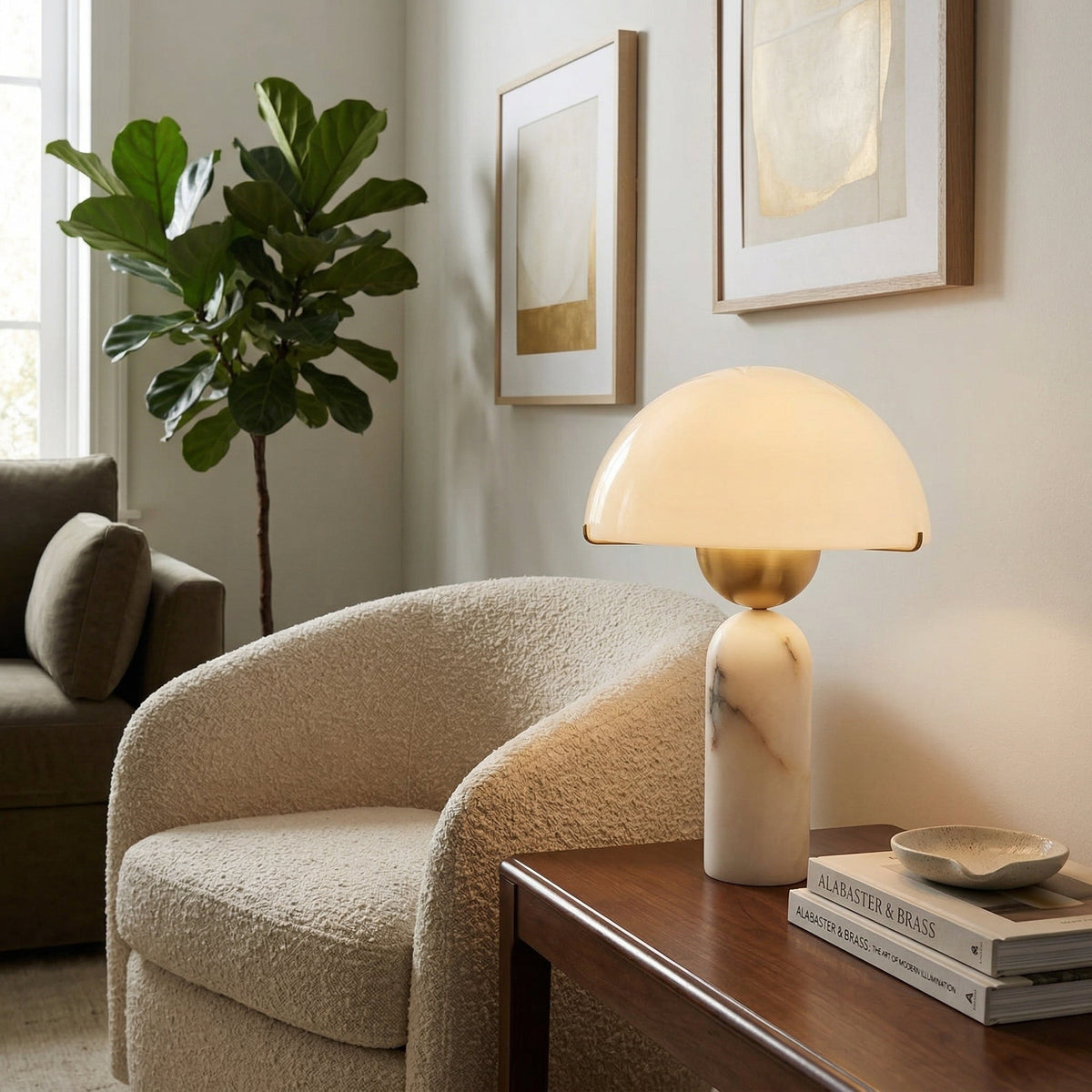 Lámpara de mesa de piedra natural Cupelia en un salón acogedor – imagen 11