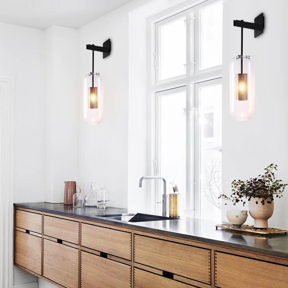 Aplique de Pared Cilíndrico de Vidrio Estilo Mid-Century en Negro y Dorado - Lámpara para Dormitorio y Baño 0