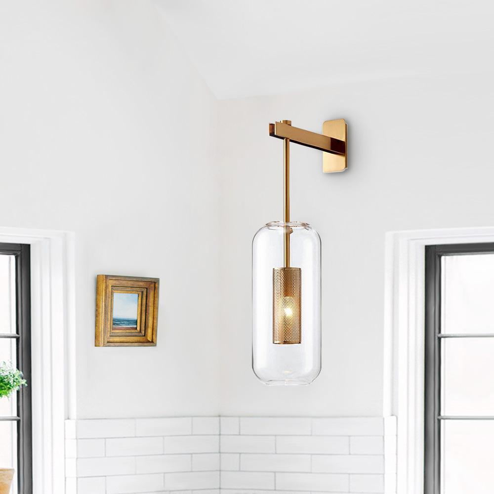 Aplique de Pared Cilíndrico de Vidrio Estilo Mid-Century en Negro y Dorado - Lámpara para Dormitorio y Baño 1