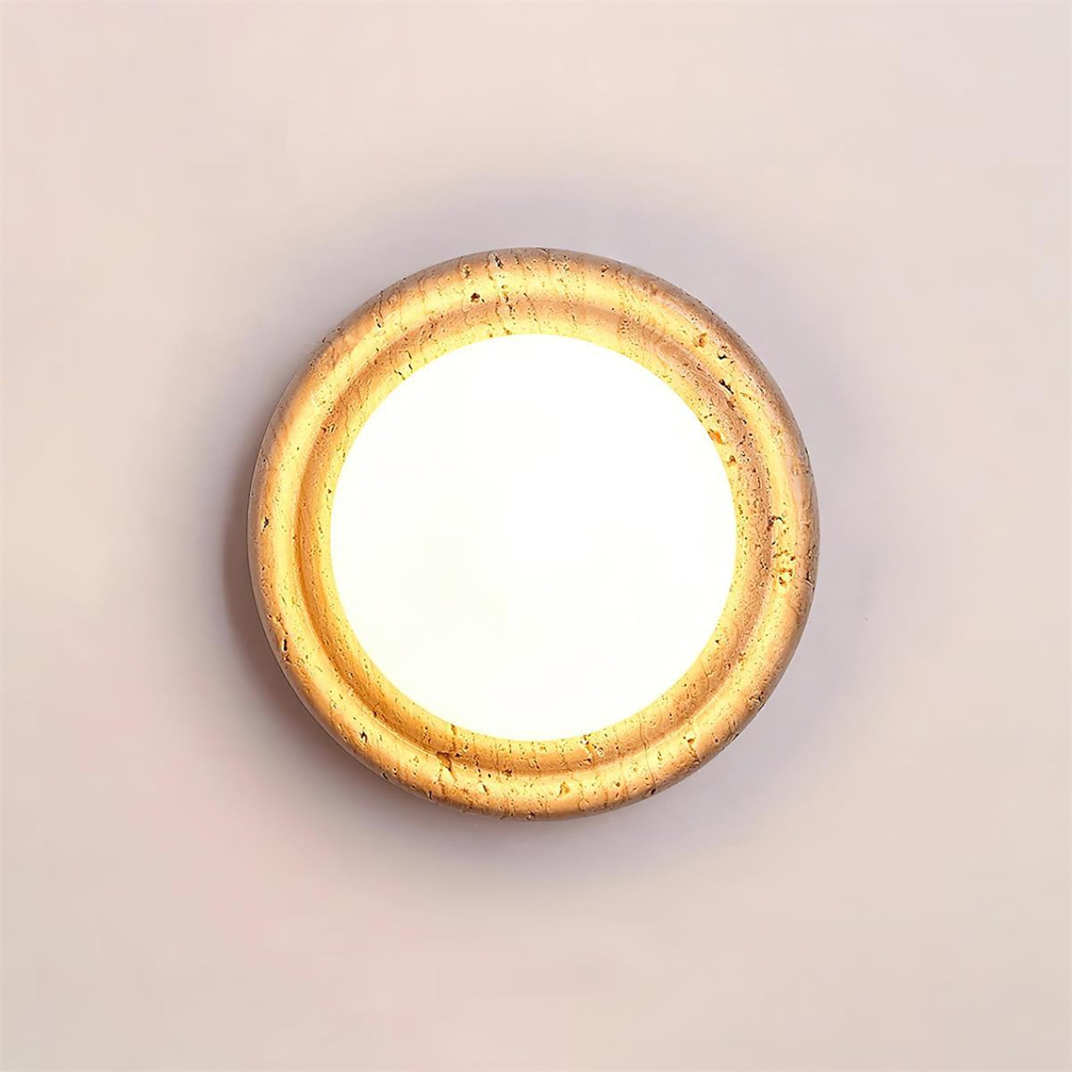 Aplique de Pared Minimalista Redondo de Travertino con Esfera de Vidrio Opalino 8