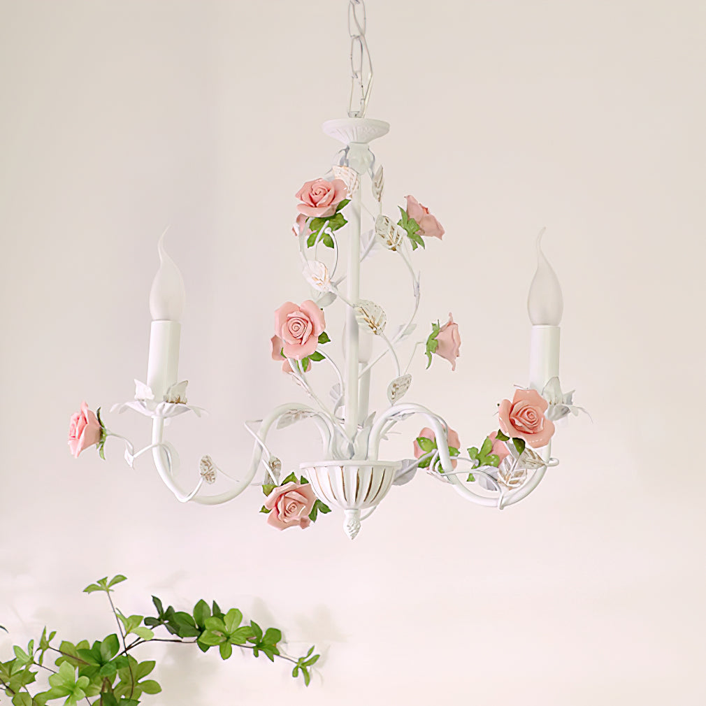 Araña de Flores de Rosa con Marco de Hierro Forjado y Cerámica – Iluminación Vintage 7