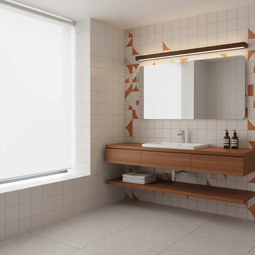 Aplique de pared lineal de madera Abetia sobre un espejo de baño – imagen 18