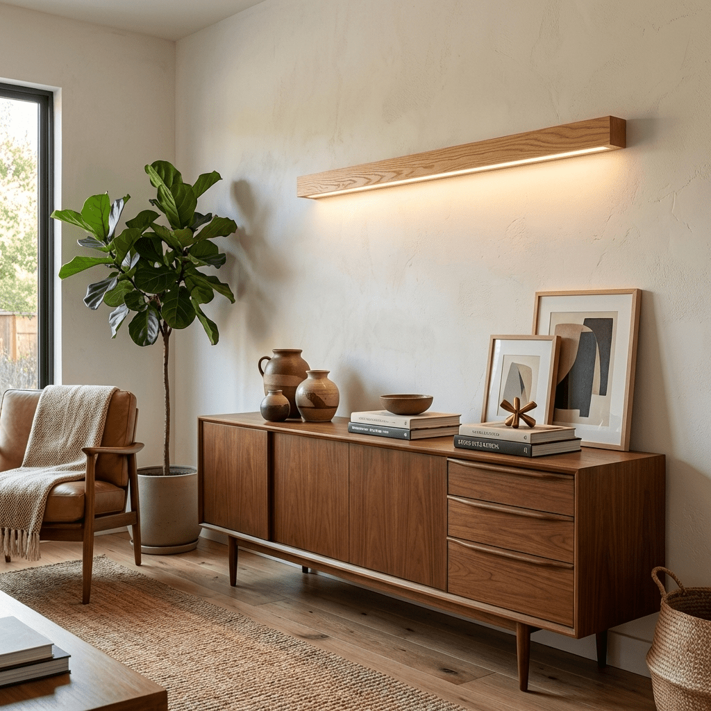 Aplique de pared lineal de madera Abetia sobre un espejo de baño – imagen 12