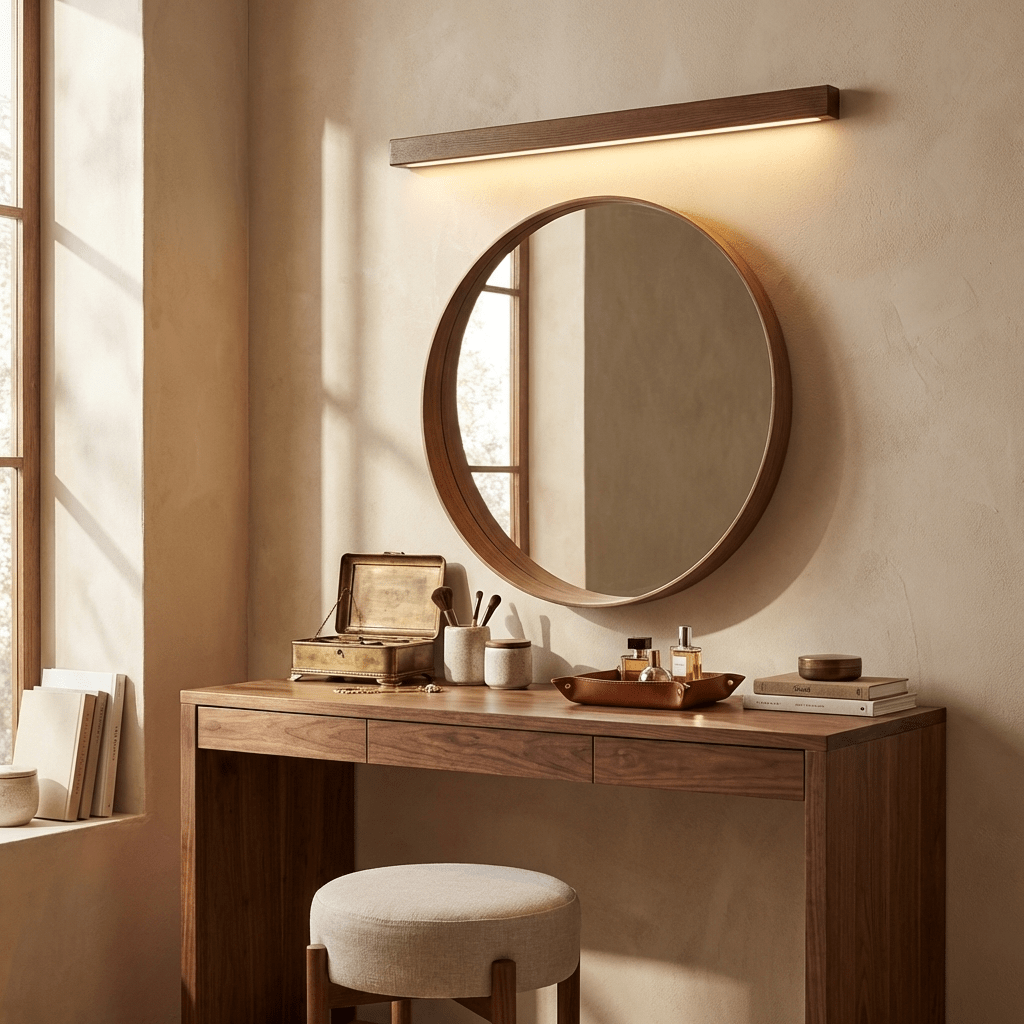 Aplique de pared lineal de madera Abetia sobre un espejo de baño – imagen 11