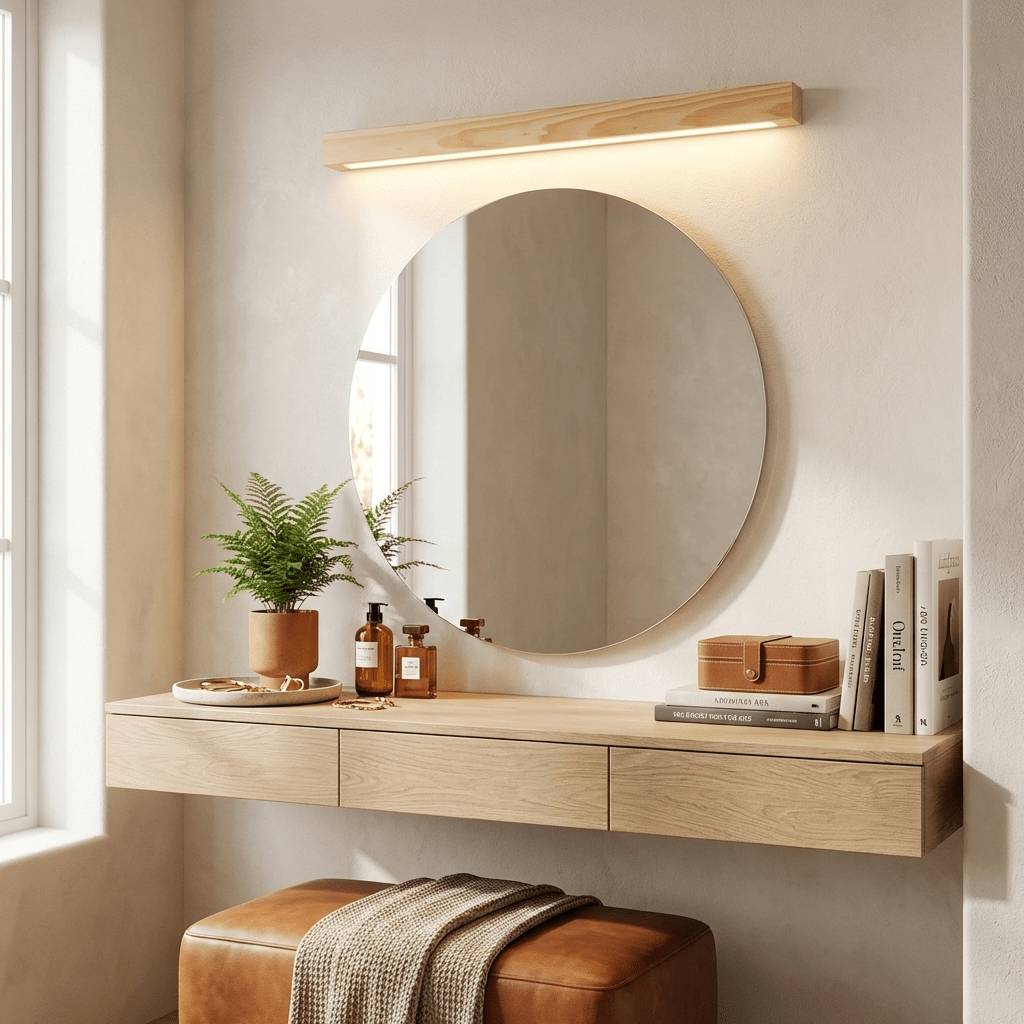 Aplique de pared lineal de madera Abetia sobre un espejo de baño – imagen 10
