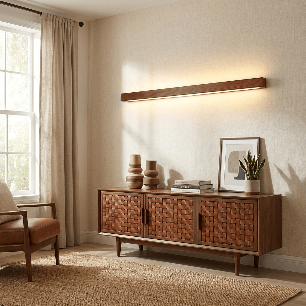 Aplique de pared lineal de madera Abetia sobre un espejo de baño – imagen 4
