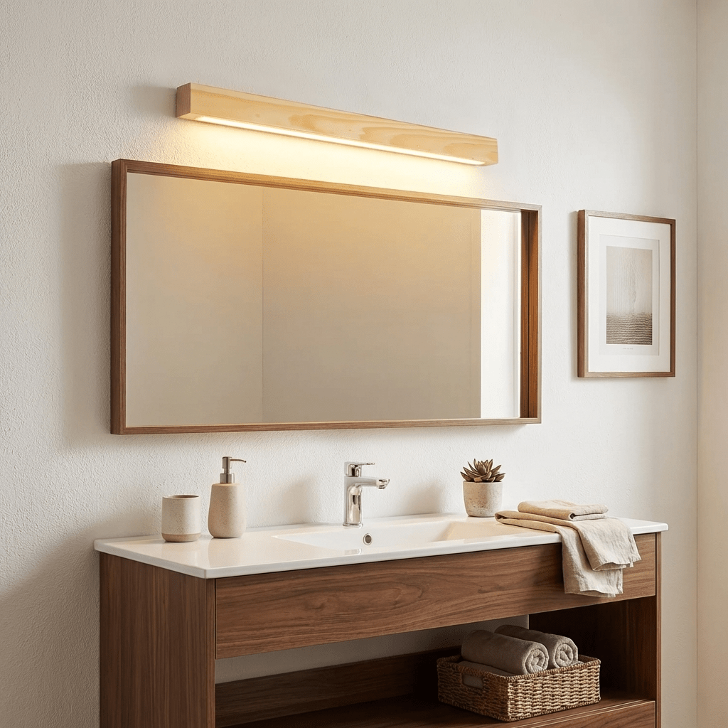 Aplique de pared lineal de madera Abetia sobre un espejo de baño – imagen 3