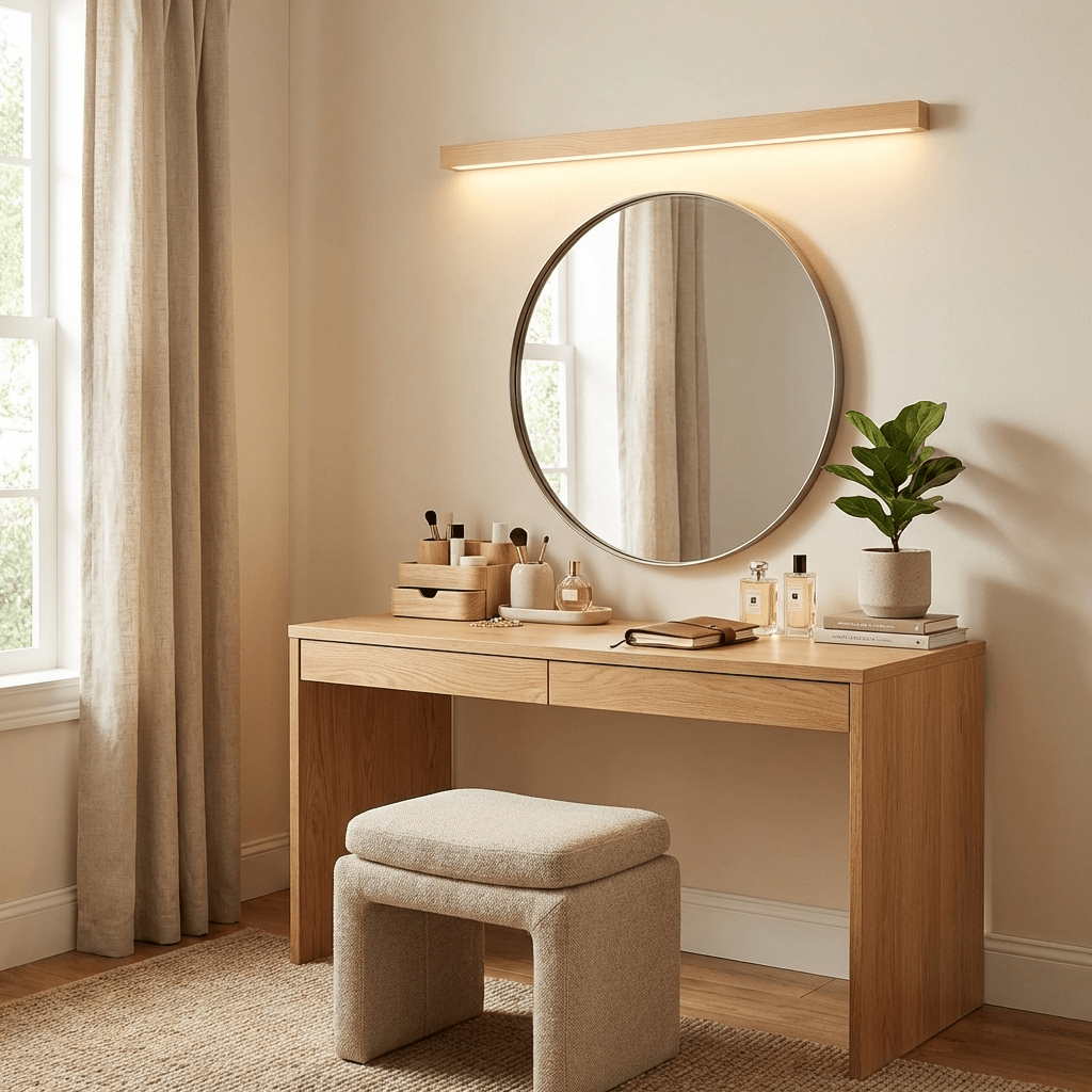 Aplique de pared lineal de madera Abetia sobre un espejo de baño – imagen 9