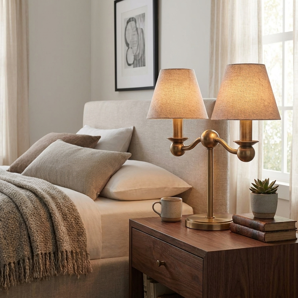 Lámpara de mesa de dos brazos Rendela – latón junto a la cama