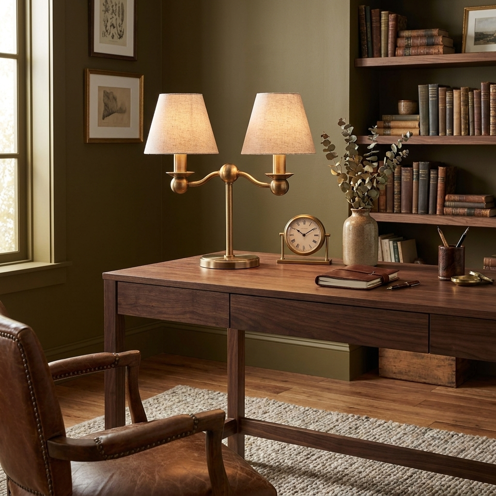 Lámpara de mesa de dos brazos Rendela – latón en un escritorio junto a la librería
