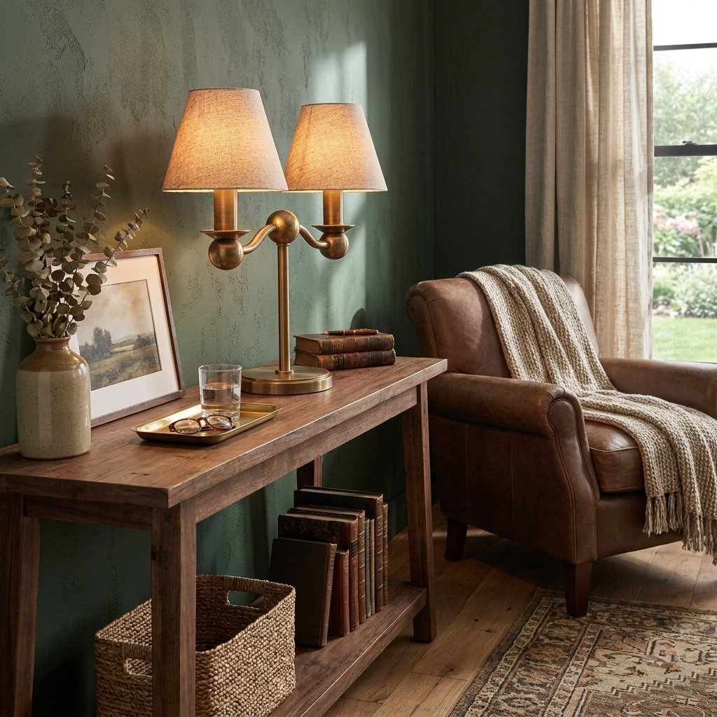 Lámpara de mesa de dos brazos Rendela – latón en una consola junto a un sillón