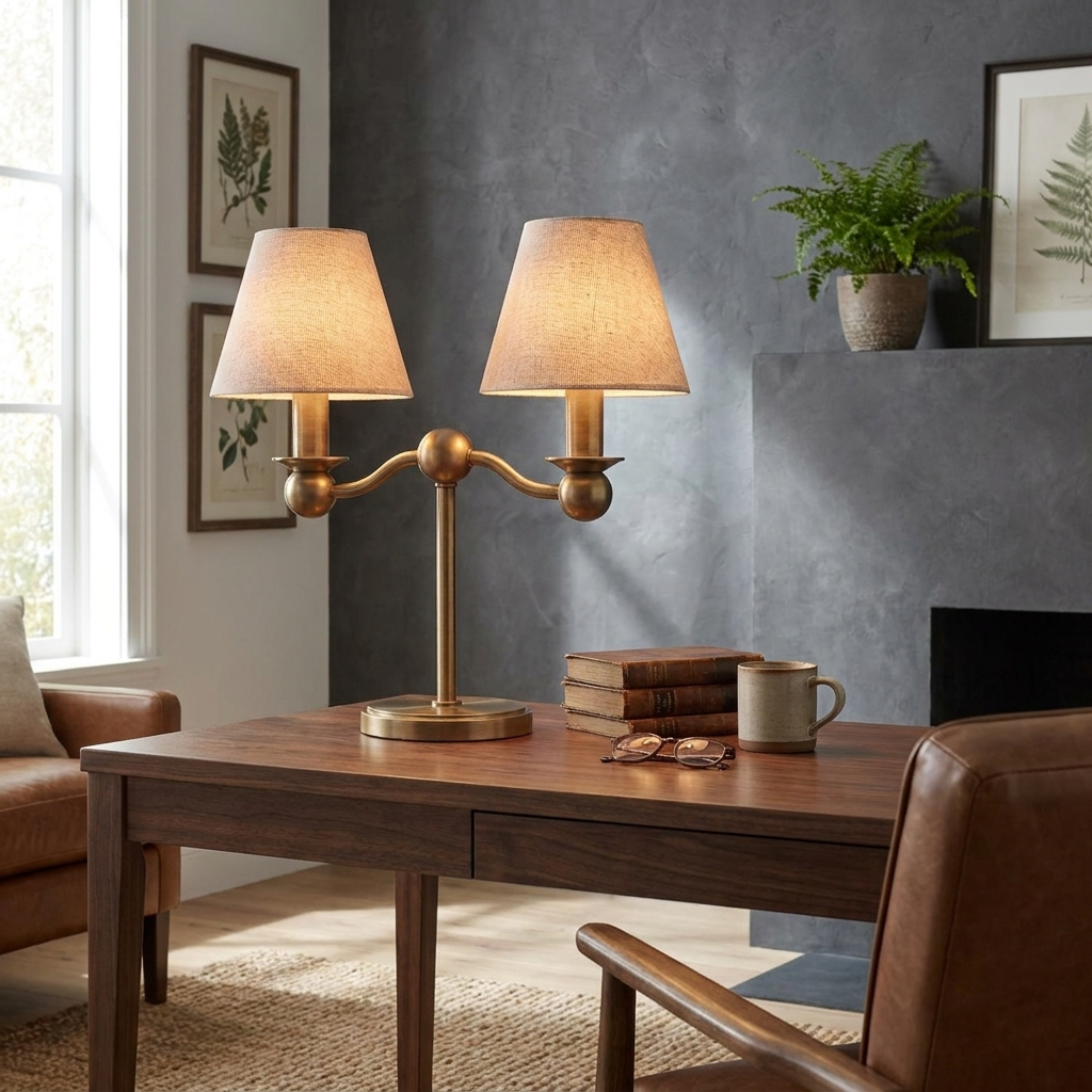 Lámpara de mesa de dos brazos Rendela – latón sobre un escritorio de madera
