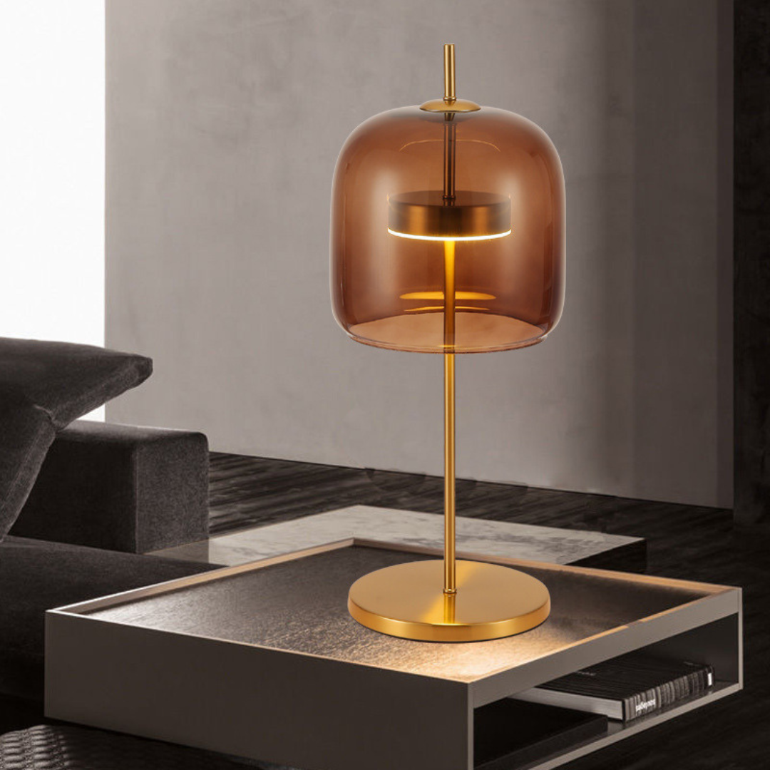 NebulaLuz - Lámpara de Mesa de Vidrio Ahumado Elegante Ámbar Gris Ahumado Oro