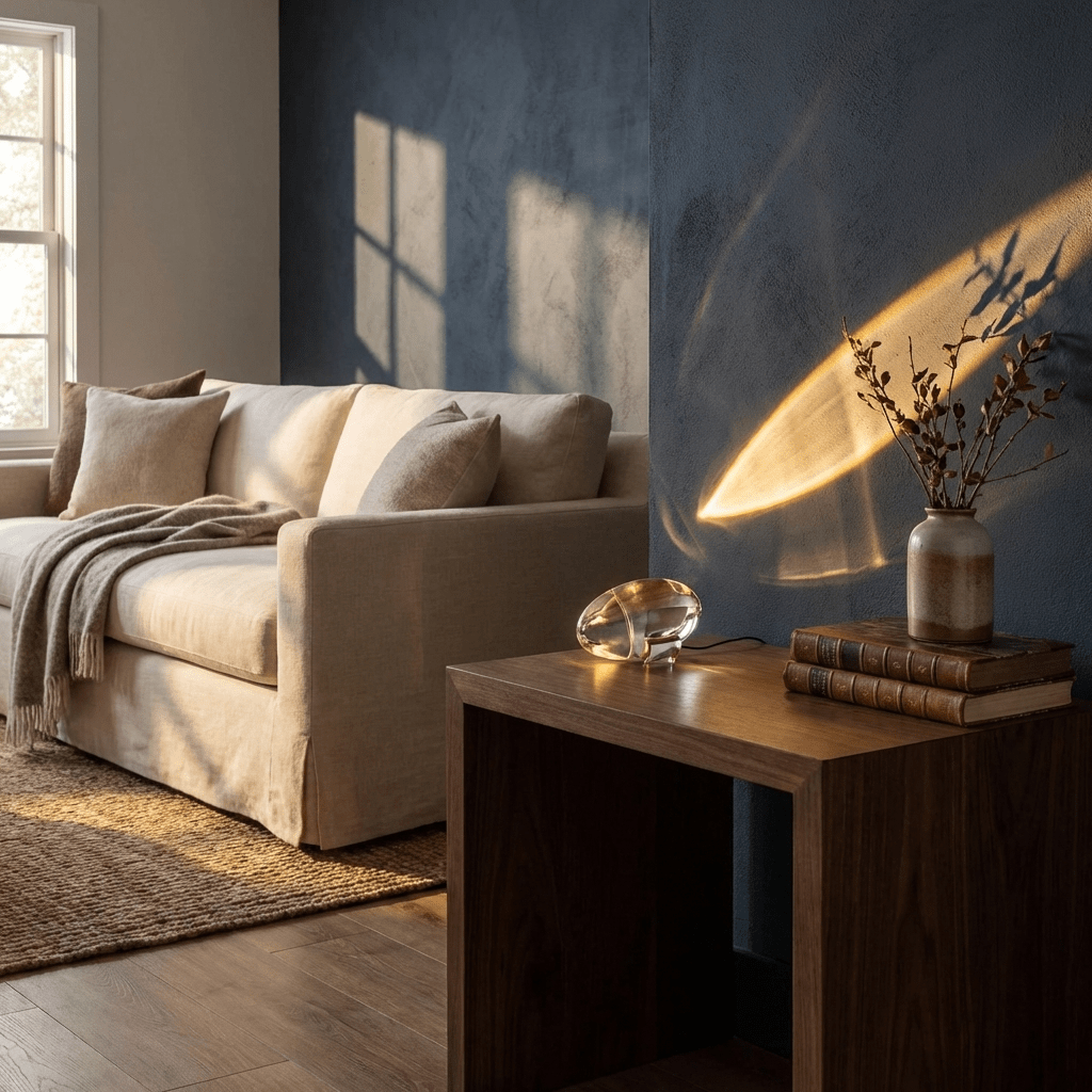 Lámpara de mesa de cristal Ocasa proyectando luz en un salón – imagen 8