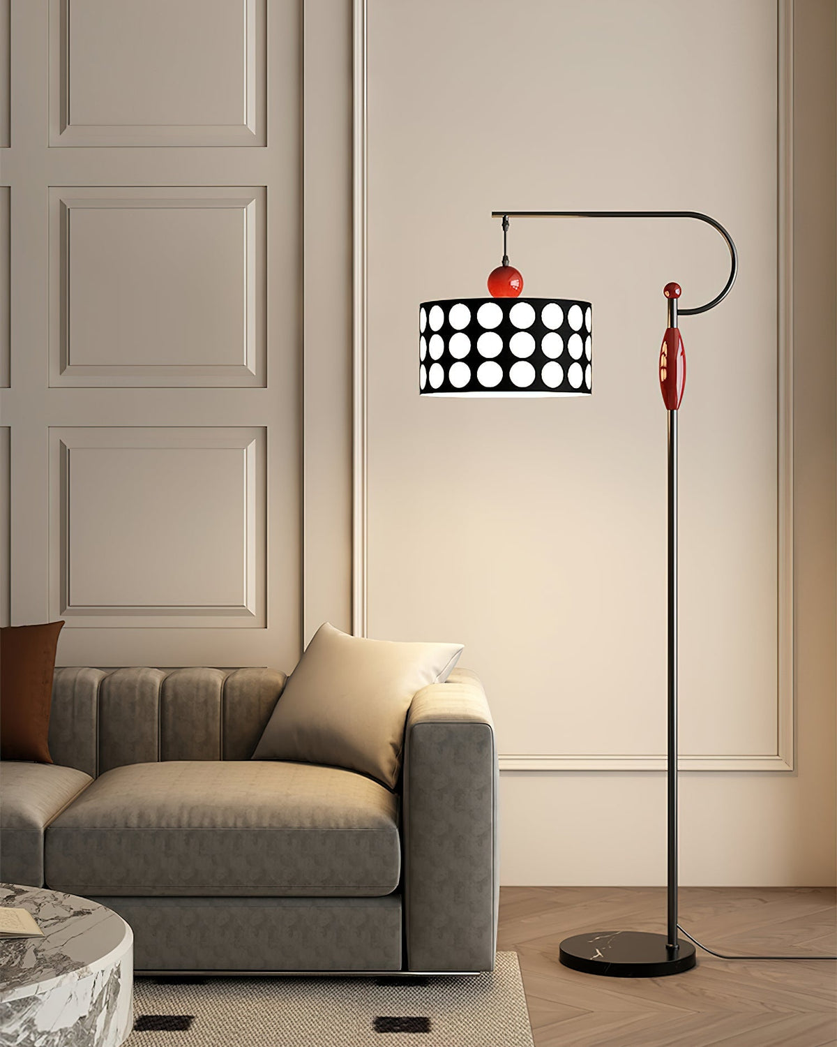 Lámpara de pie de arco con lunares Topelia en un salón moderno – imagen 3
