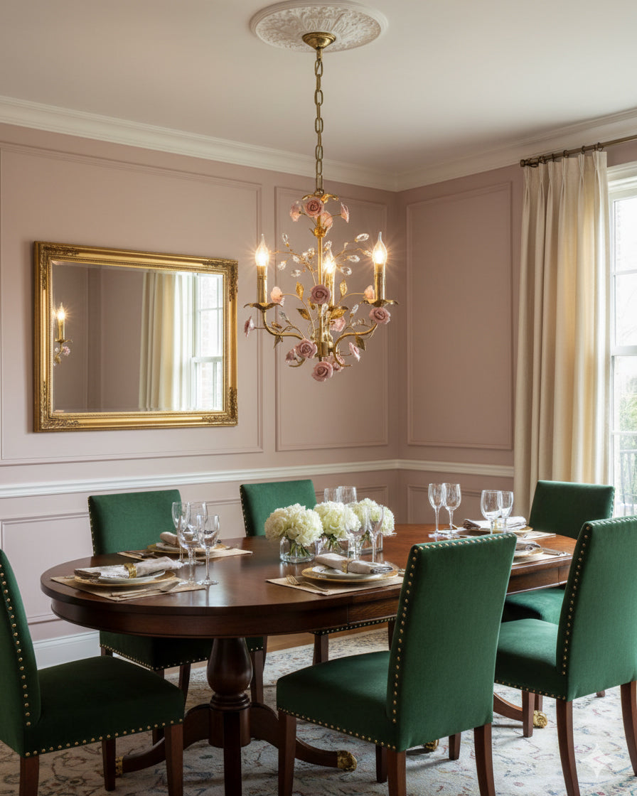 Lámpara de araña vintage con rosas Florosa – en un comedor con sillas verdes