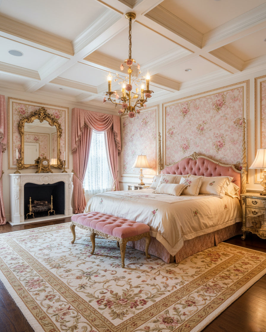 Lámpara de araña vintage con rosas Florosa – en un dormitorio romántico
