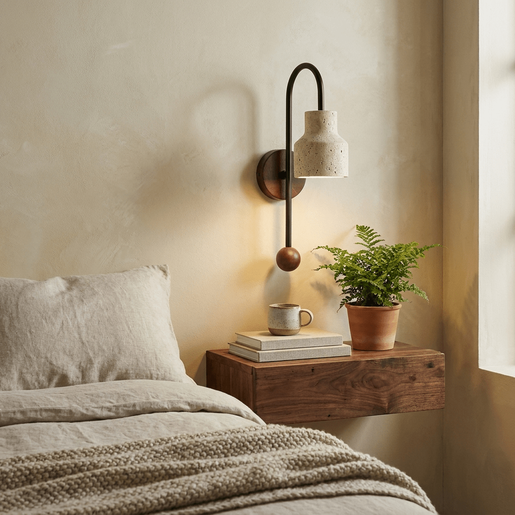 Aplique de pared de travertino Nuterra – sobre una mesita de noche
