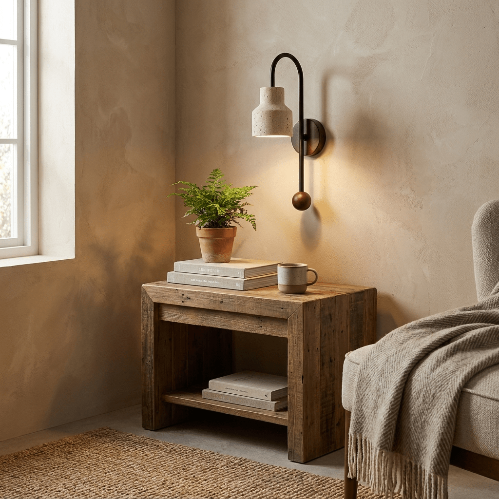 Aplique de pared de travertino Nuterra con brazo curvo y nogal – imagen 8