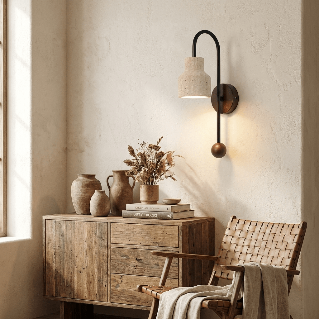 Aplique de pared de travertino Nuterra – encendido sobre un aparador