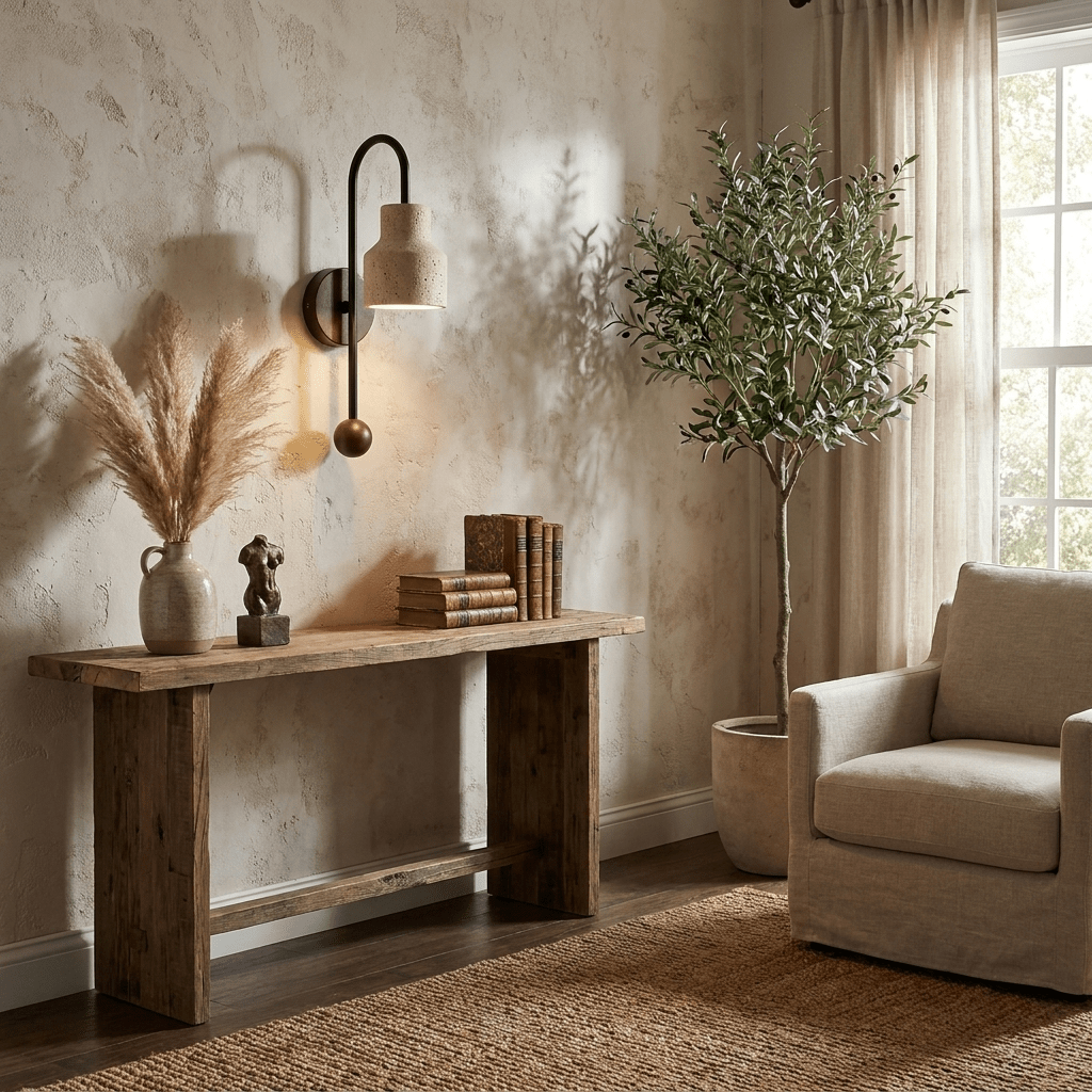 Aplique de pared de travertino Nuterra – en un salón con sillón