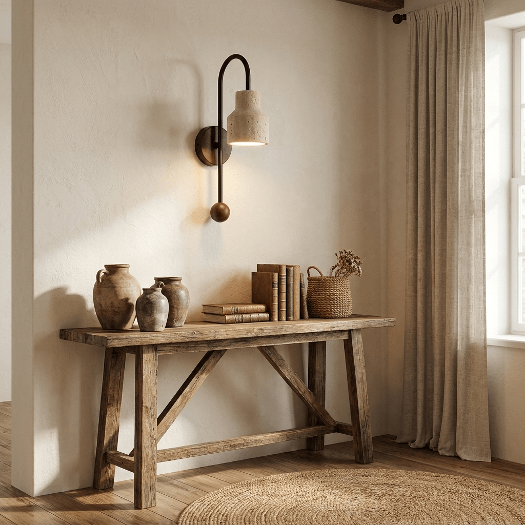 Aplique de pared de travertino Nuterra – sobre una consola rústica