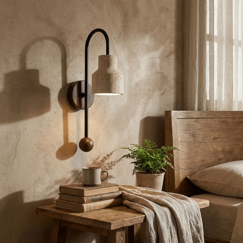 Aplique de pared de travertino Nuterra – junto a la cama con sombra en la pared