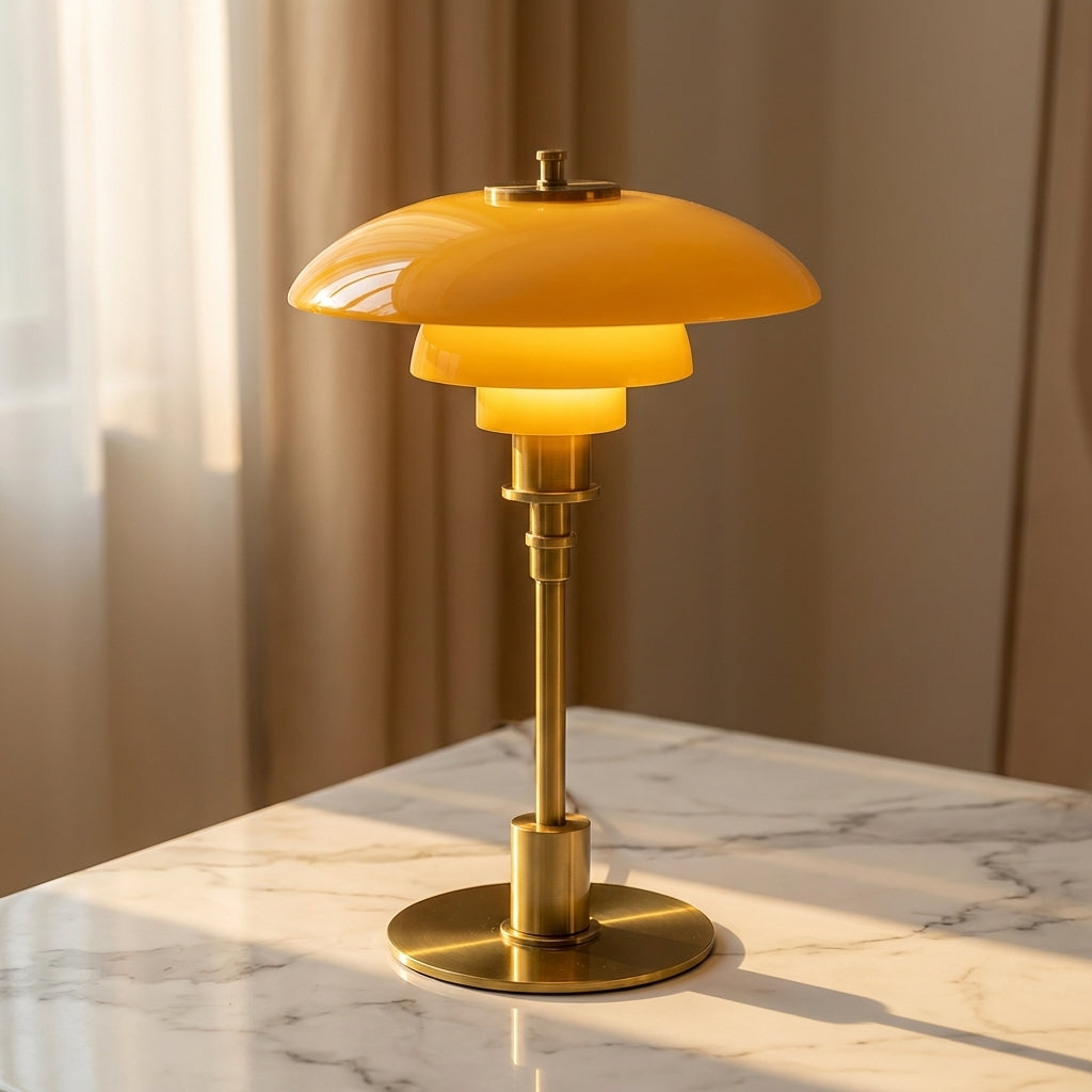 Lámpara de mesa de cristal Henara – cristal ámbar y estructura dorada