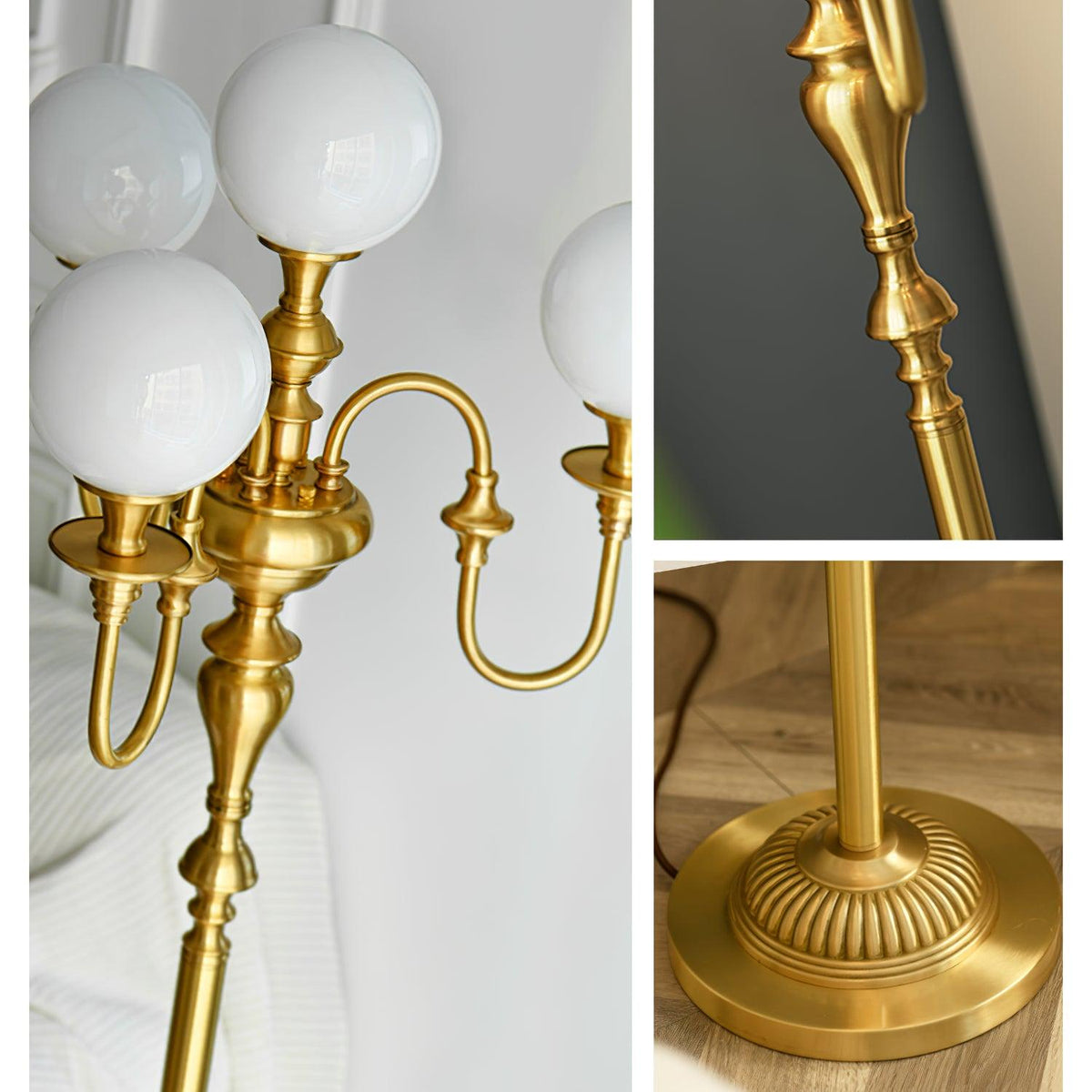 Lámpara de pie candelabro de latón Tamboril – detalle del fuste torneado y la base