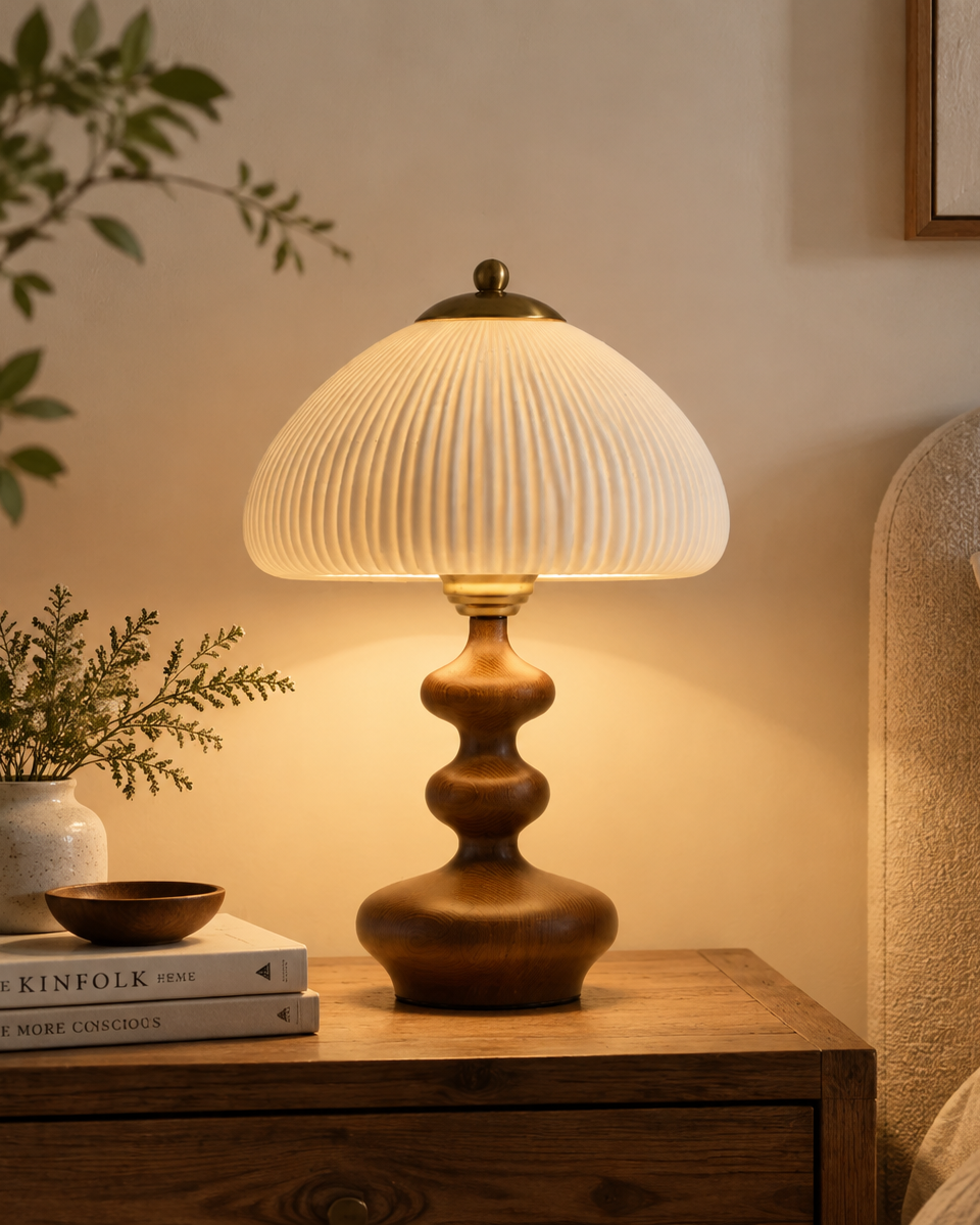 Lámpara de mesa de madera torneada Ruecola – encendida en nogal sobre una mesilla