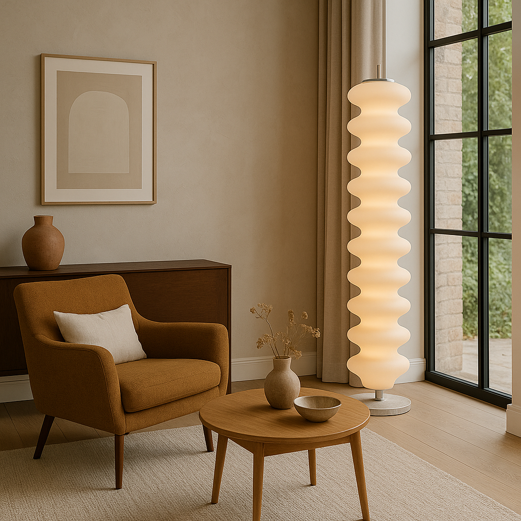 Lámpara de pie ondulada Undaria – junto a un sillón de color coñac