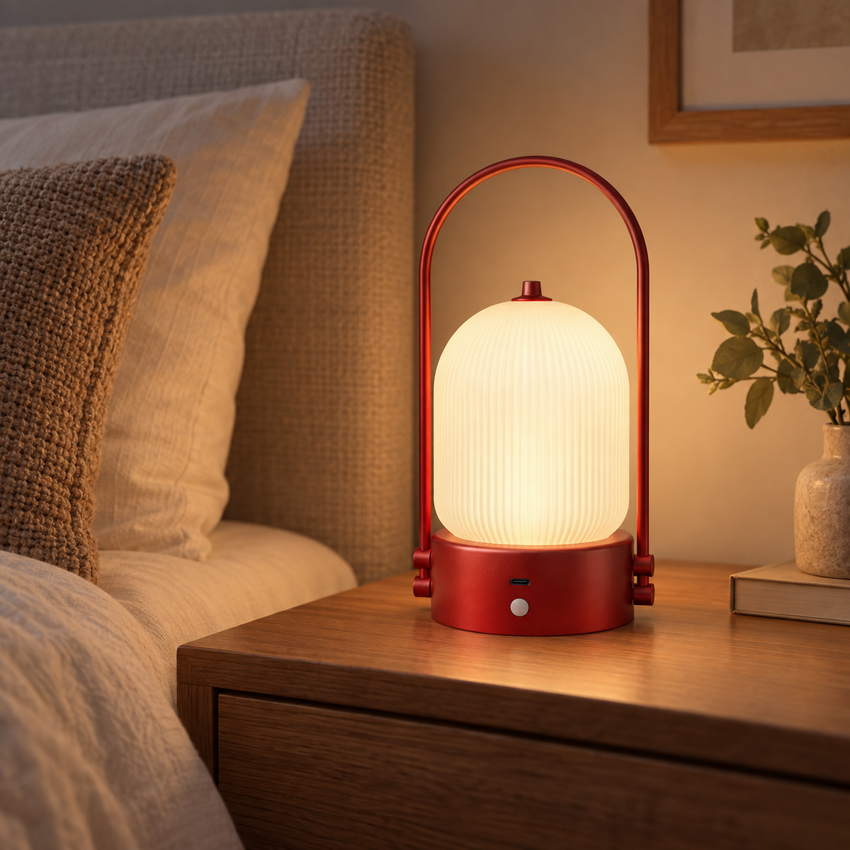 Lámpara de mesa inalámbrica Surcola – en rojo sobre una mesilla de noche
