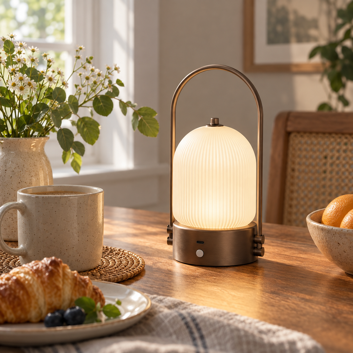 Lámpara de mesa inalámbrica Surcola – en marrón moca sobre una mesa de desayuno