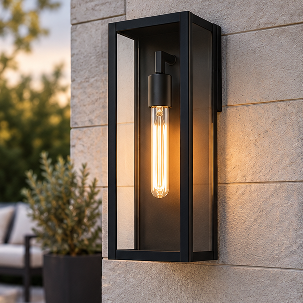 Kelina - Farol de Pared Exterior Negro con Vidrio y Sensor Crepuscular