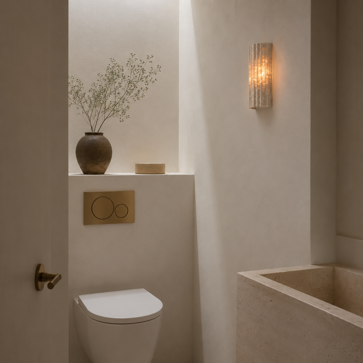 Aplique de pared de travertino Ilmena – en un baño