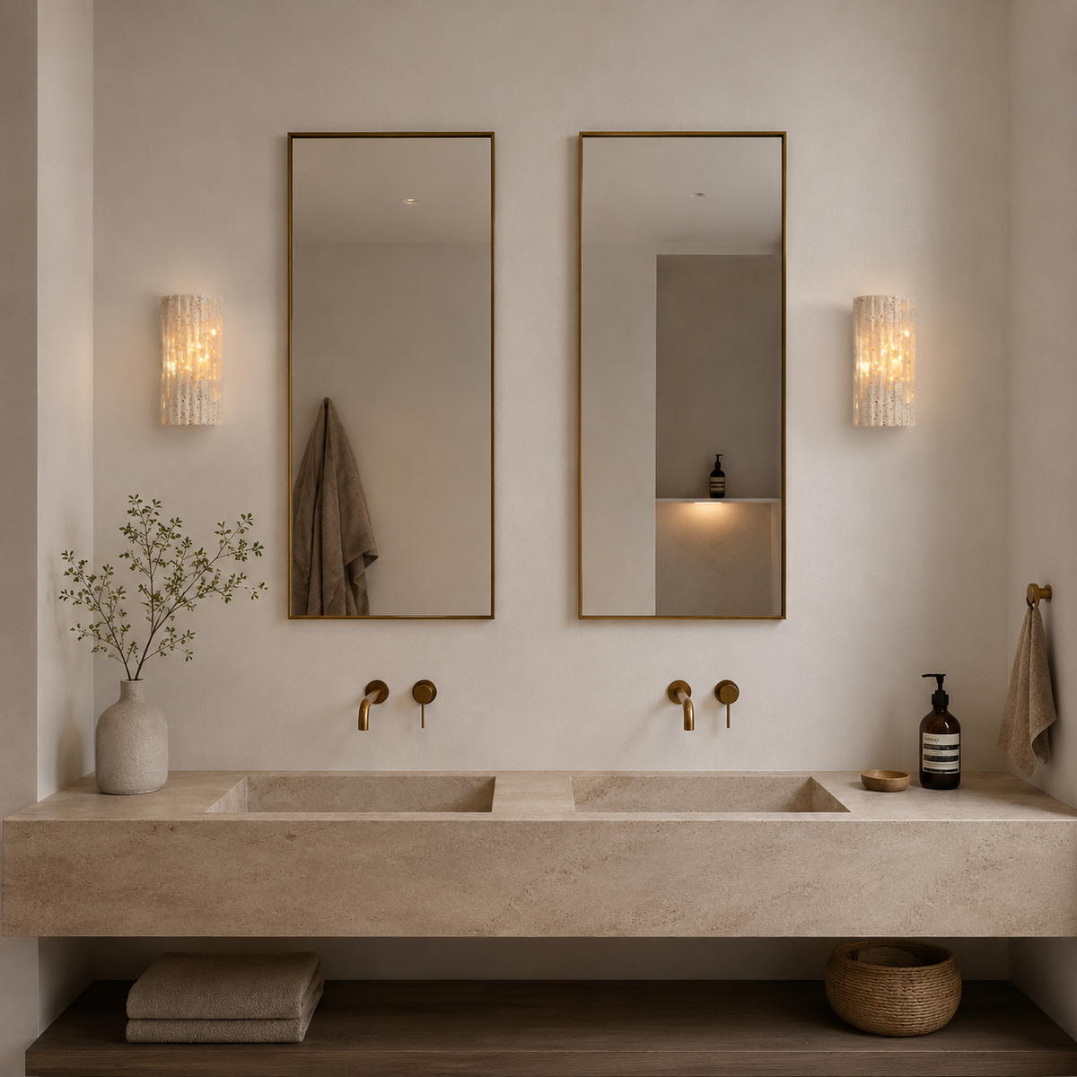Aplique de pared de travertino Ilmena – a ambos lados de los espejos