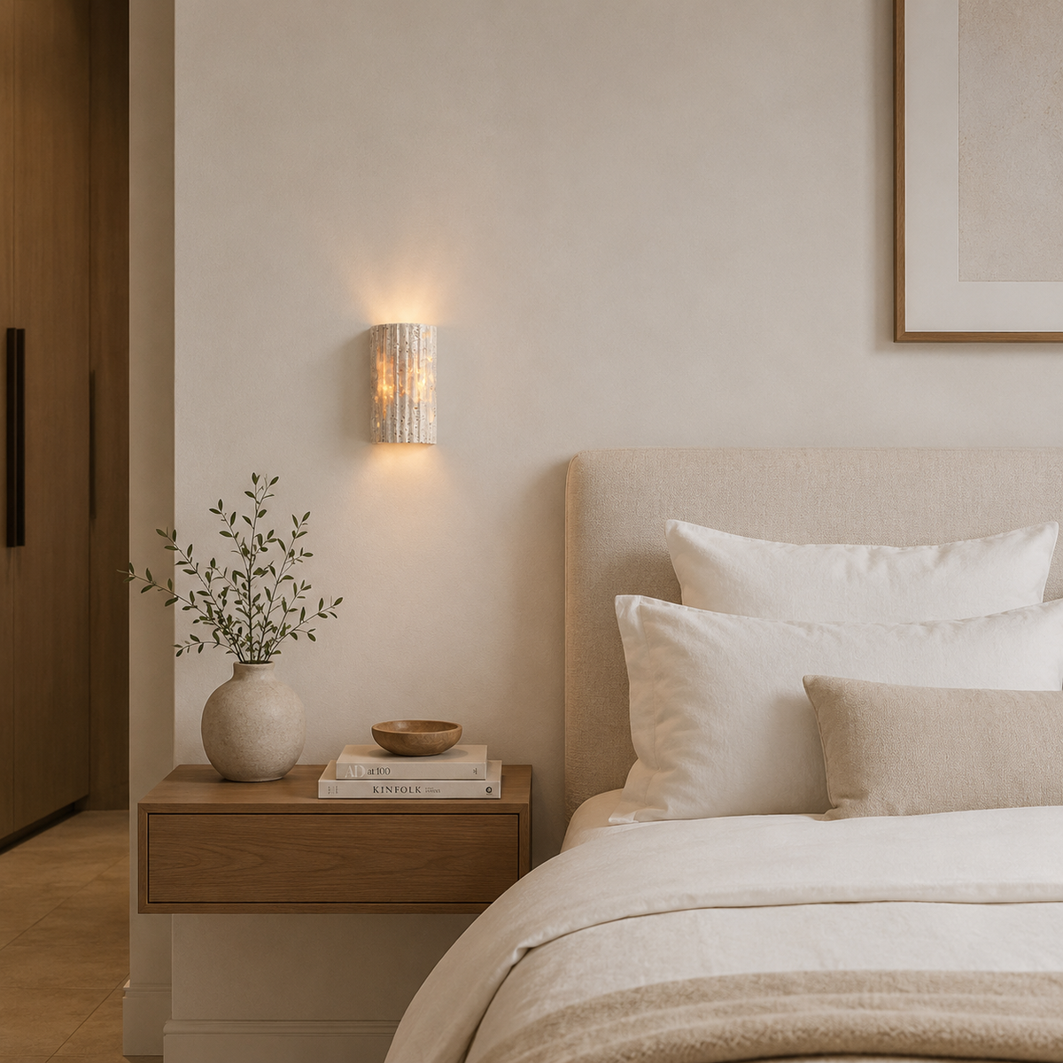 Aplique de pared de travertino Ilmena – junto a la cama