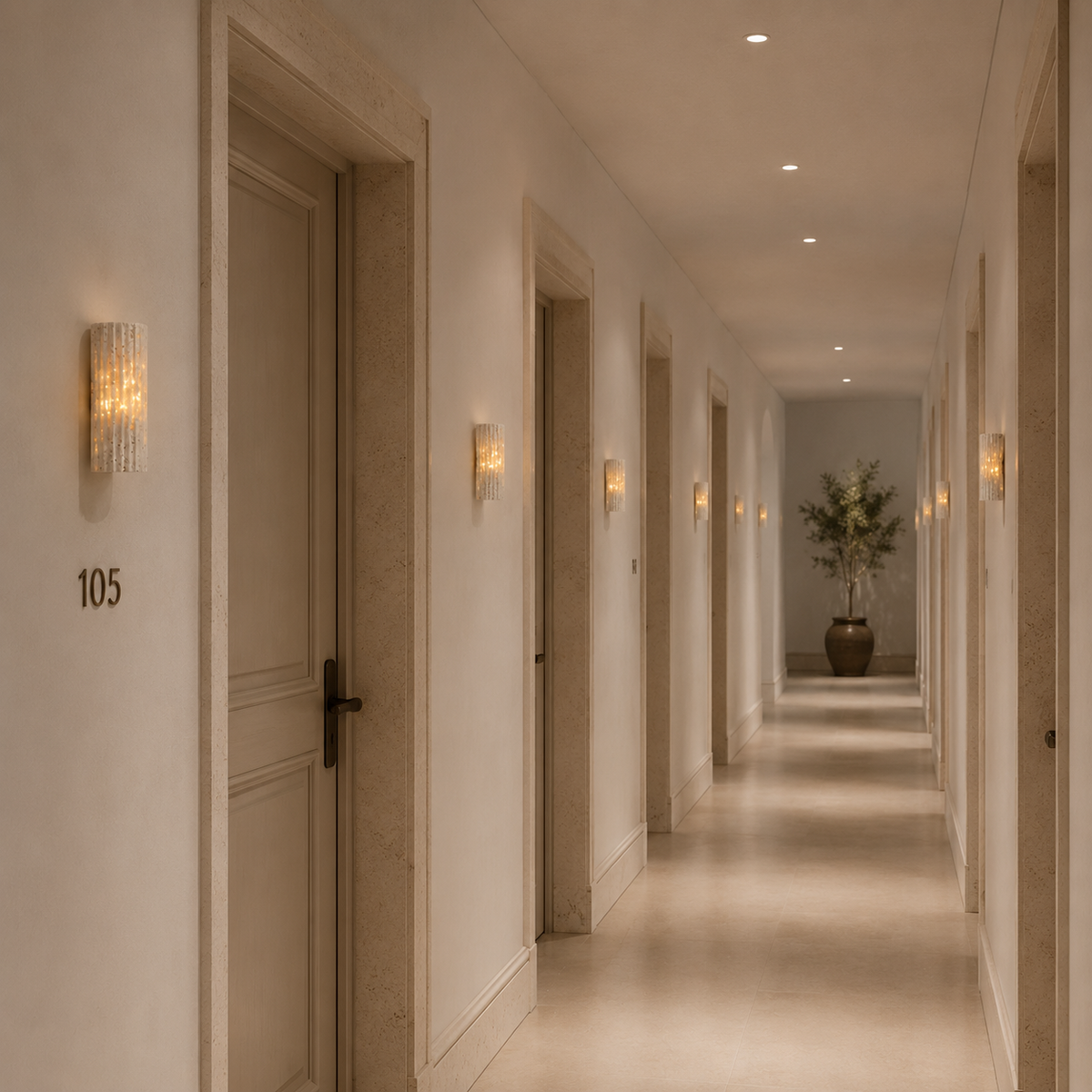 Aplique de pared de travertino Ilmena – en un pasillo