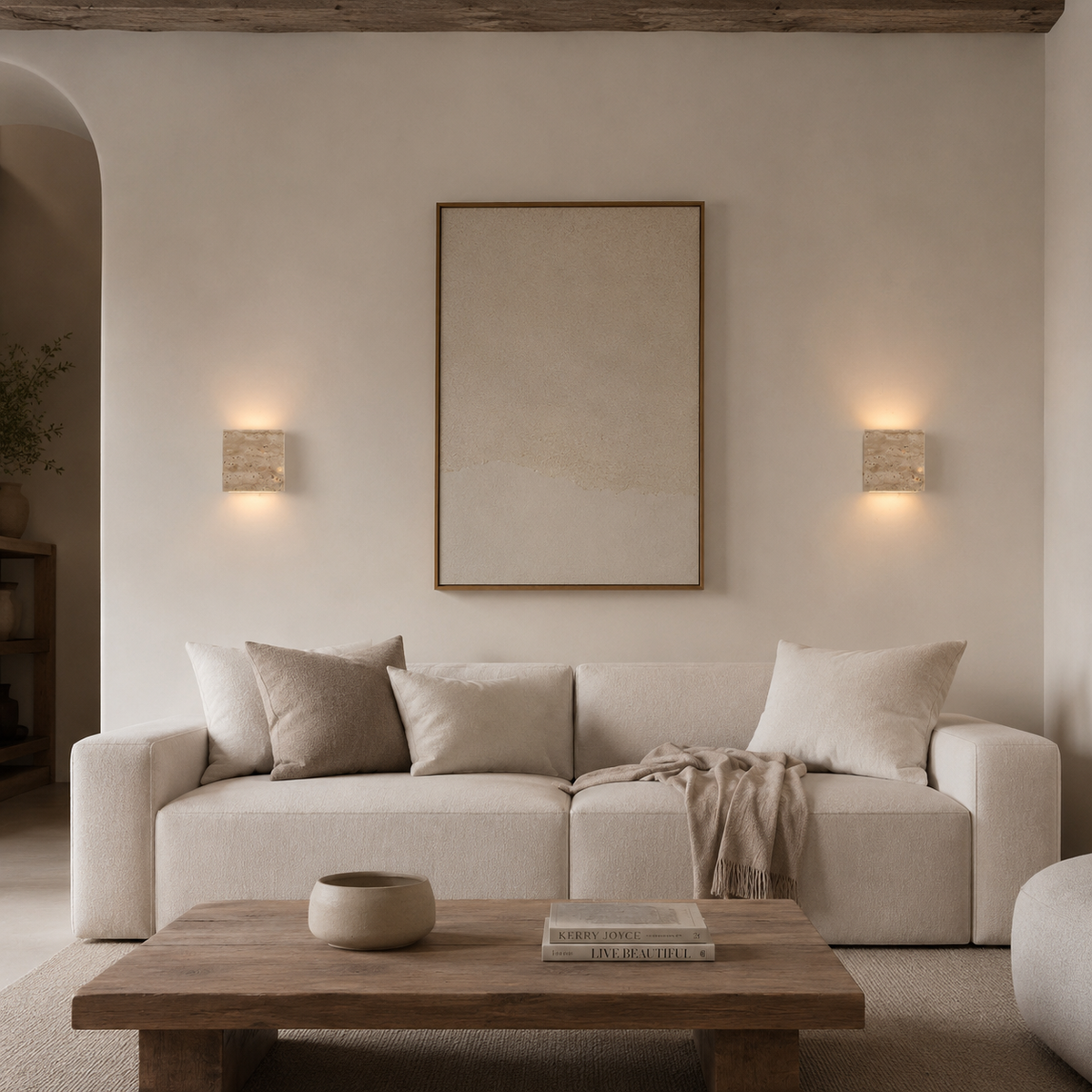 Aplique de pared de travertino Ionara – pareja en un salón