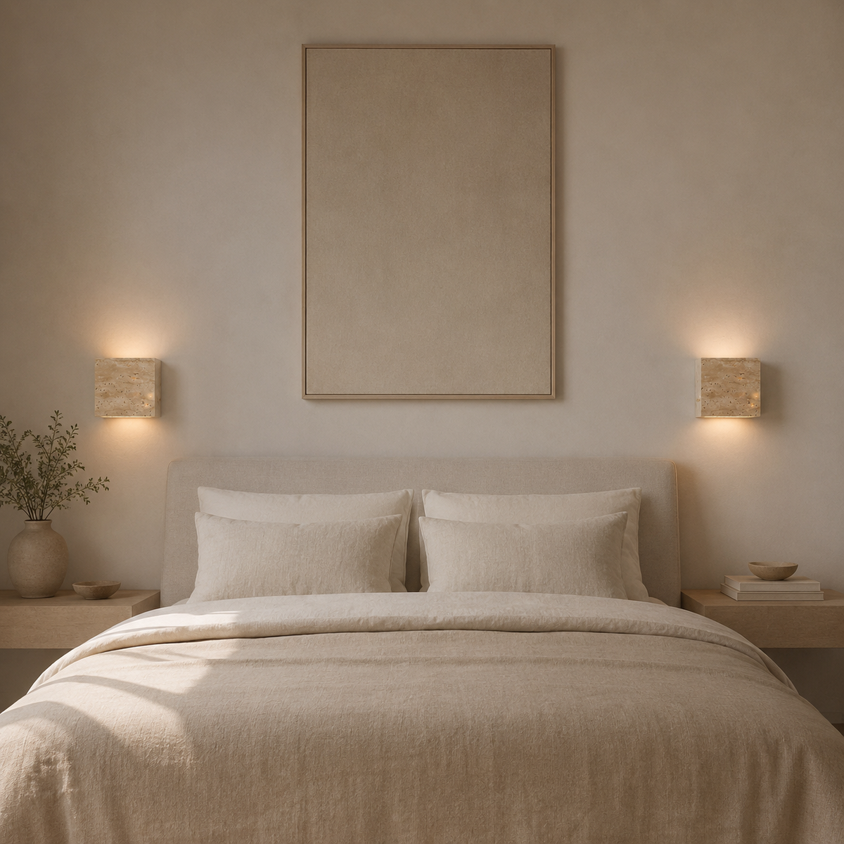Aplique de pared de travertino Ionara – a ambos lados de la cama