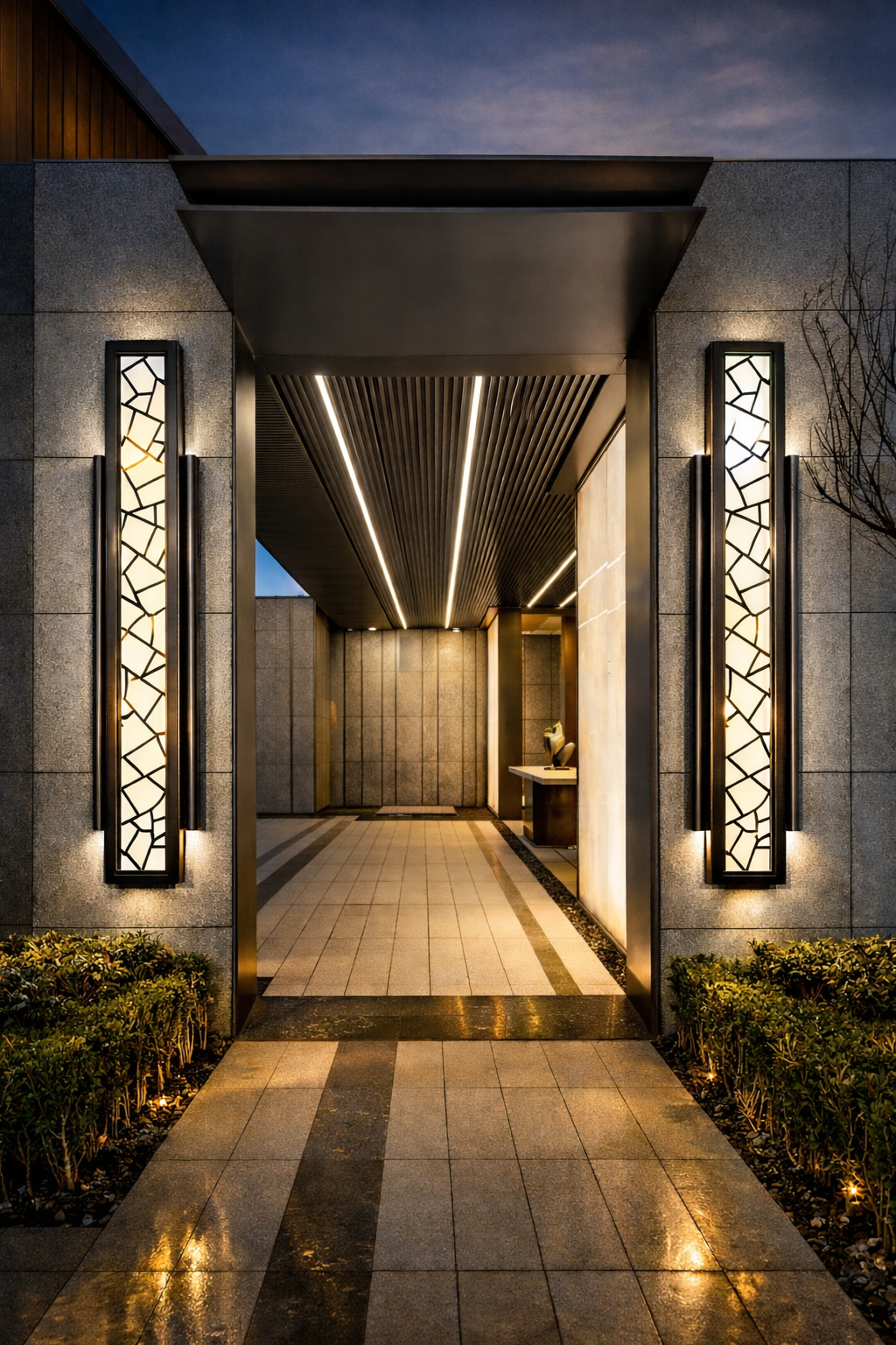 Aplique de pared exterior LED Xelosia con celosía geométrica – a ambos lados de una entrada