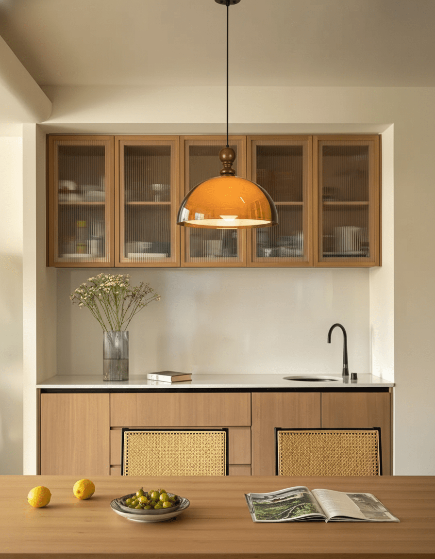 Lámpara colgante ámbar y madera Dorela sobre una mesa de comedor – imagen 2