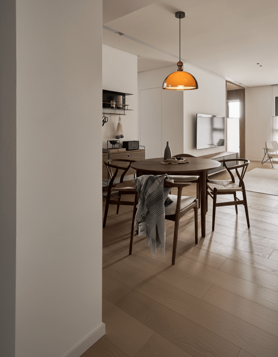 Lámpara colgante ámbar y madera Dorela sobre una mesa de comedor – imagen 5