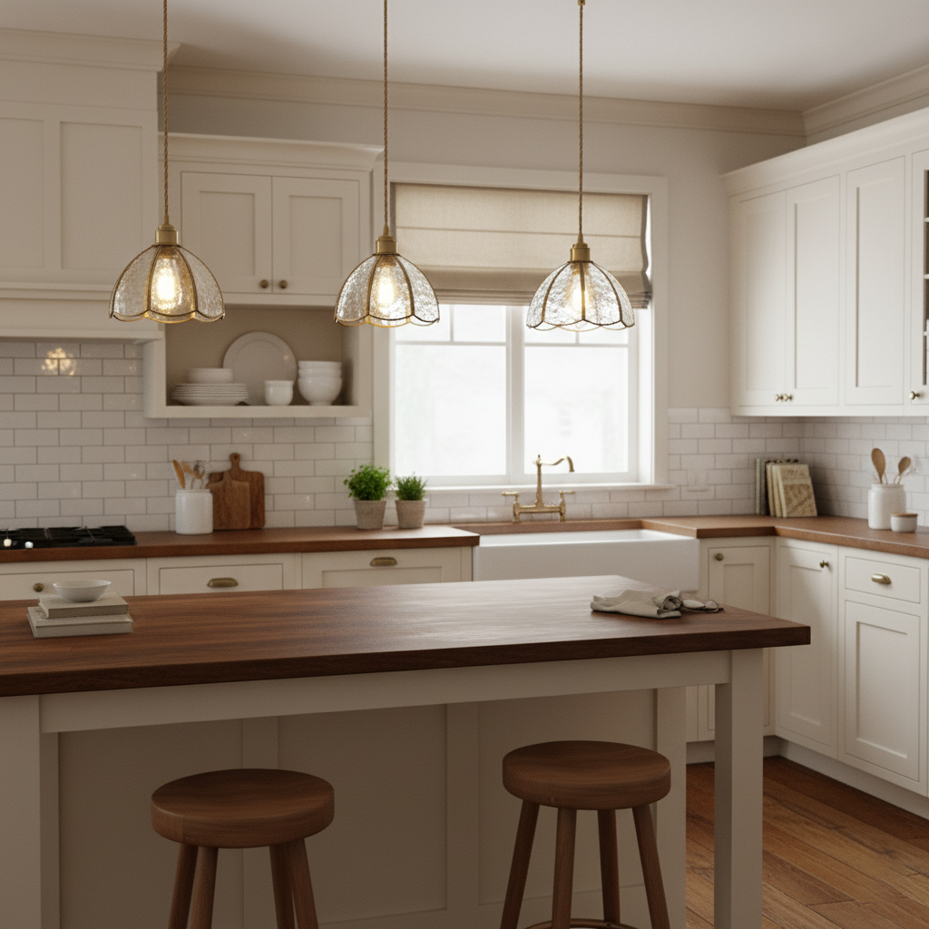 Lámpara colgante de vidriera Gemila sobre una mesa de cocina – imagen 21