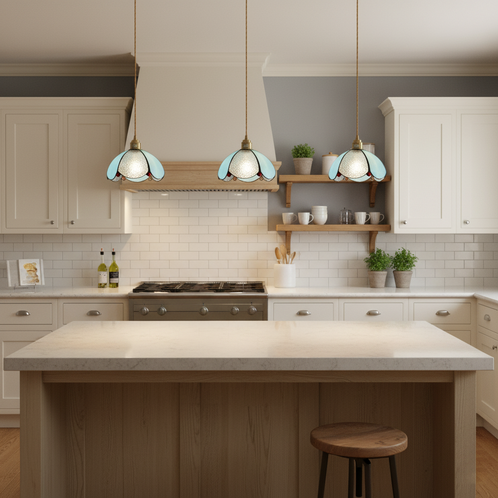 Lámpara colgante de vidriera Gemila sobre una mesa de cocina – imagen 30